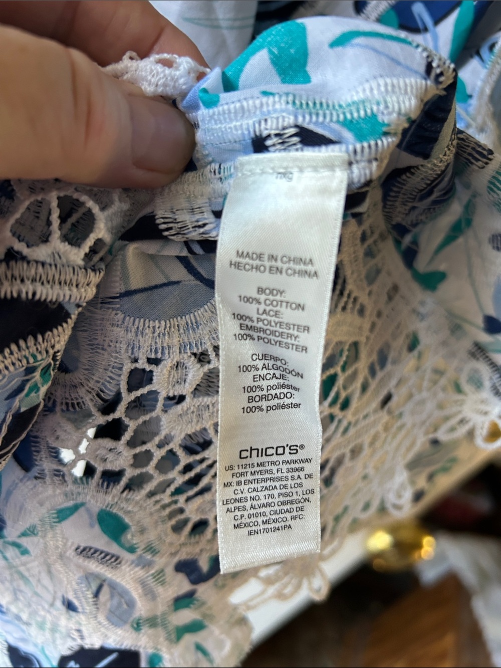 NWT Chico's White Floral Tunic with Blue & Teal with embroidery and lace - Picture 9 of 14